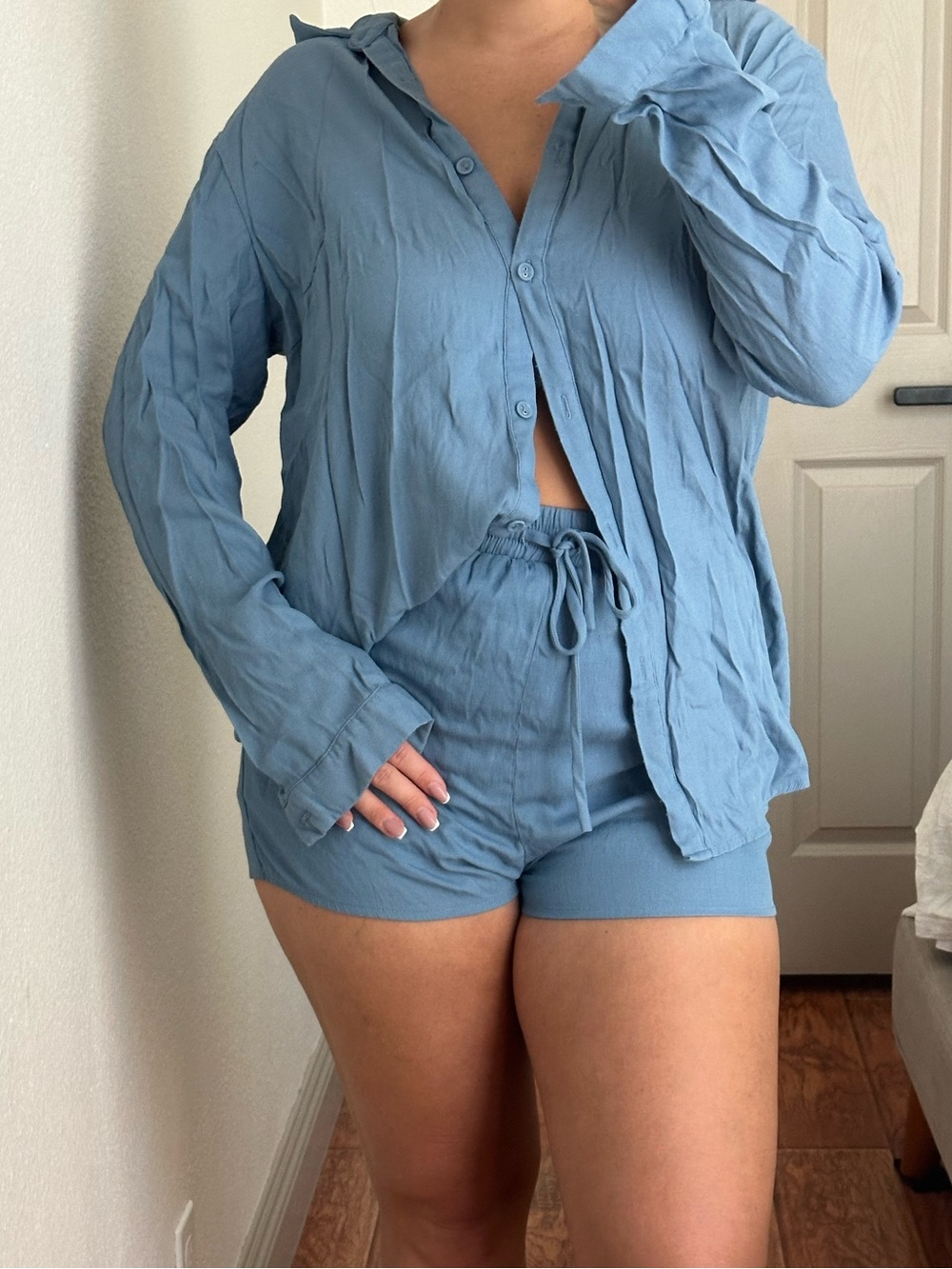 PRINCESS POLLY Two-Piece Blue Sleep Set - Button Shirt & Drawstring Short
